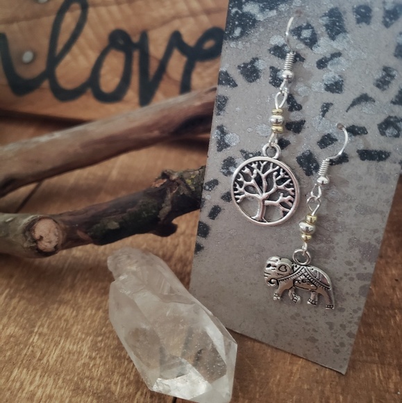 Mismatched Boho Tribal Elephant Tree of Life earrings ~Lucky~Bohemian Jewelry - Picture 4 of 11